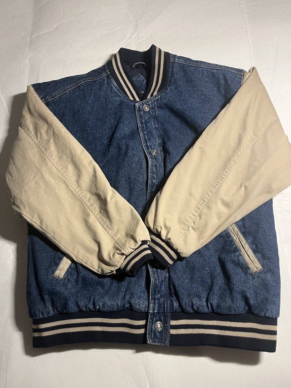 Vintage 90s Route 66 Men’s M Denim Varsity Bomber Jacket Tan Sleeves Quilted